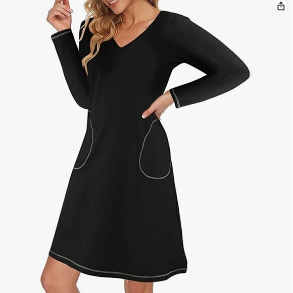 iloveSIA Long-Sleeve V-Neck Ultra-Soft Nightshirt Dress, S - Picture 2 of 7